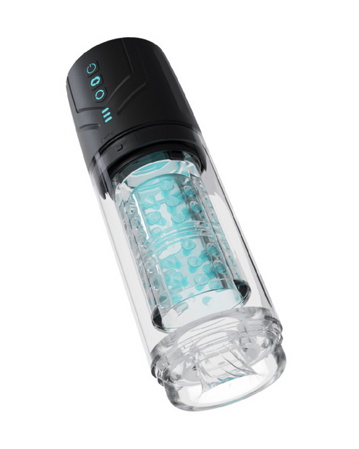 A sleek, transparent cylindrical Whirlwind Pro Rotating, Sucking, Automatic Stroker with a black cap by Blush. The stroker features a removable, internal filter filled with small, blue beads. The cap is equipped with a digital display, indicating "300" in blue numbers and has 360° full rotation. The overall design is modern and clean.
