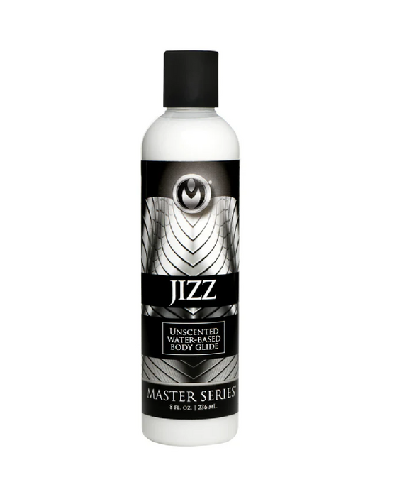 A bottle of Jizz Ultra Realistic Unscented Lube 8.5oz from XR Brands, containing 8 fl. oz. (236 ml) of water-based lubricant. The label features black and white design elements and the product’s name prominently displayed in bold white letters on a black background, perfect for use with sex toys.