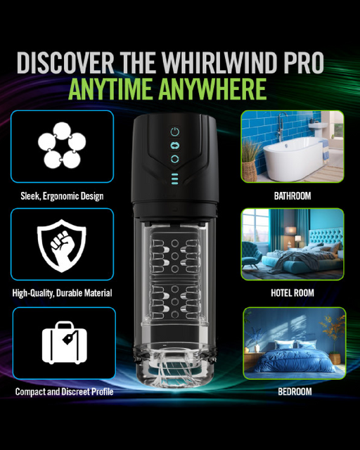 Promotional image for the Blush Whirlwind Pro Rotating, Sucking, Automatic Stroker, showcasing a sleek, black device with buttons and customizable features. Marketed for use "anytime anywhere" in the bathroom, hotel room, or bedroom. Highlights include its ergonomic design, durable material, and compact, discreet profile.