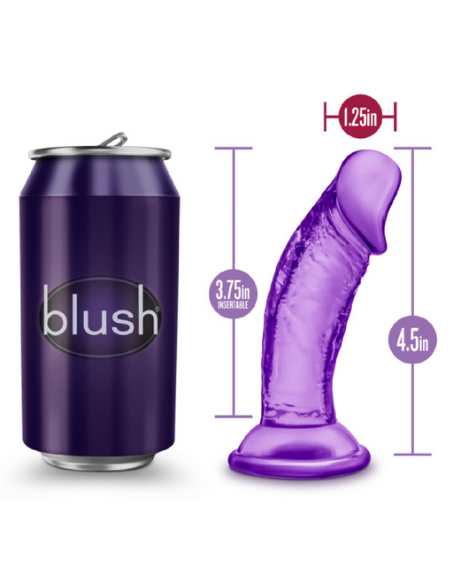 A comparison image features a purple can labeled "Blush" and a purple dildo with measurements. The Sweet n Small Beginner 4 Inch Dildo with Suction Cup - Purple, perfect as a starter sex toy, has an overall length of 4 inches, with 3.75 inches insertable and a width of 1.25 inches. Both the can and the dildo share a similar shade of purple.