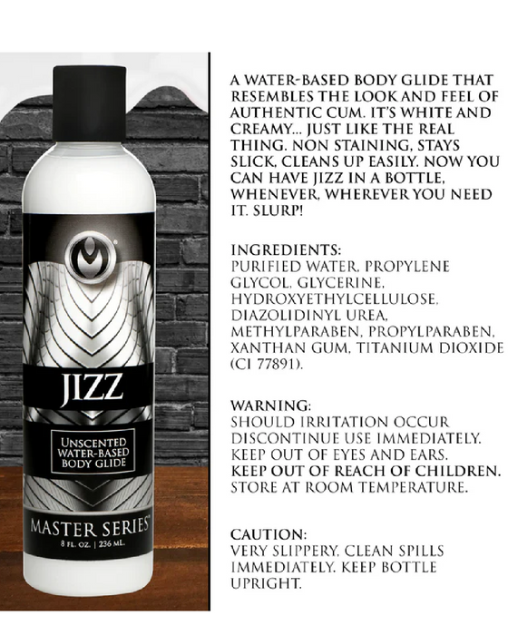 A bottle of "Jizz Ultra Realistic Unscented Lube 8.5oz" with XR Brands branding, placed against a dark tile background. Text on the right describes product details, ingredients, and usage warnings while highlighting its similarity to authentic fluids, non-staining slick properties, and sex toy compatibility.