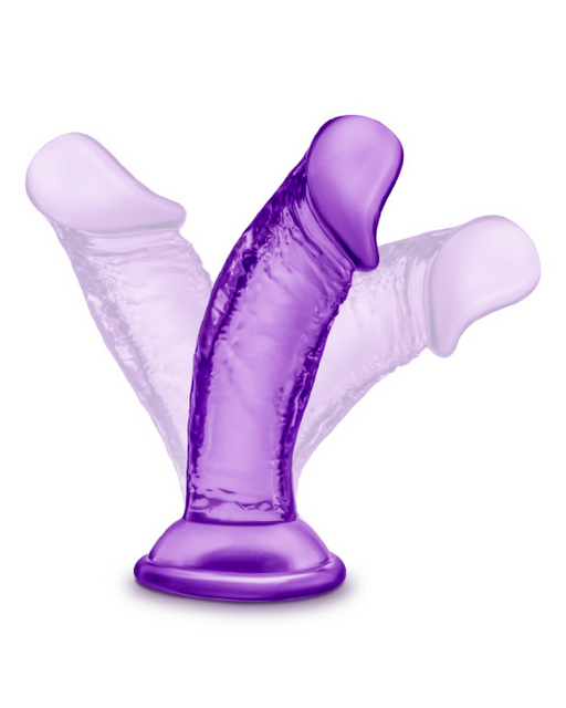 The Blush Sweet n Small Beginner 4 Inch Dildo with Suction Cup in purple is a flexible, silicone adult toy designed with a sculpted phallic shape. It comes with a strong suction cup base and is displayed from multiple angles to emphasize its versatility and bendability. Featuring a smooth texture and semi-transparent appearance, this toy is the ideal choice for beginners.
