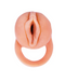 Close-up of a peach-colored silicone vaginal dilation trainer, reminiscent of The Great Extender 2 in 1 9 Inch Penis Extender and Stroker - Vanilla by Nasstoys, with an integrated handle designed for pelvic floor therapy and vaginal health exercises. The trainer has a smooth, anatomically relevant shape and a ring for easy handling.
