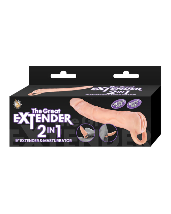 The image shows the packaging for "Nasstoys The Great Extender 2 in 1 9 Inch Penis Extender and Stroker - Vanilla." The box is primarily black with purple and white text and features images of the product in use on the front.