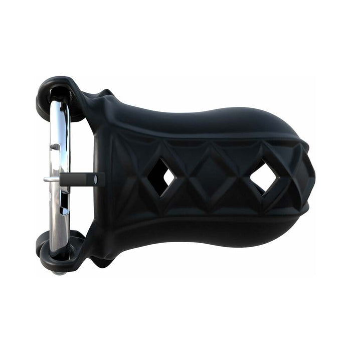 The Extreme Silicone Cock Blocker Locking Chastity Cage Black by Pipedream Products is a black, body-safe silicone male chastity device featuring a textured, diamond-patterned surface, an integrated lock mechanism, and ventilation holes for comfort and breathability.