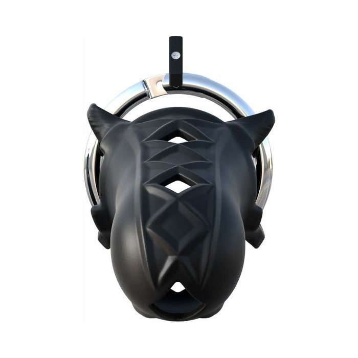 Introducing the Extreme Silicone Cock Blocker Locking Chastity Cage in black from Pipedream Products. This sleek and modern device, designed with a dog's head shape as viewed from the front, features intricate geometric patterns. It includes an integrated chrome loop at the back for added security and a small black mechanism on top for locking. Crafted from body-safe silicone, this chastity cage offers enhanced durability and safety.