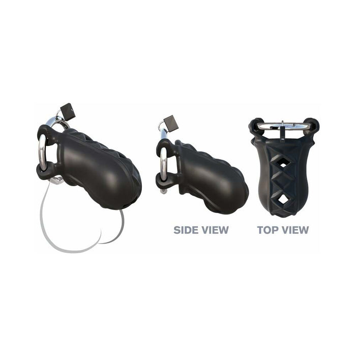 An image showcasing a black Extreme Silicone Cock Blocker Locking Chastity Cage by Pipedream Products from different angles. The leftmost part displays the front view with a metal lock and a silicone ring, the middle part shows a side view, while on the right is the top view clearly illustrating the diamond-patterned vent design in body-safe silicone.