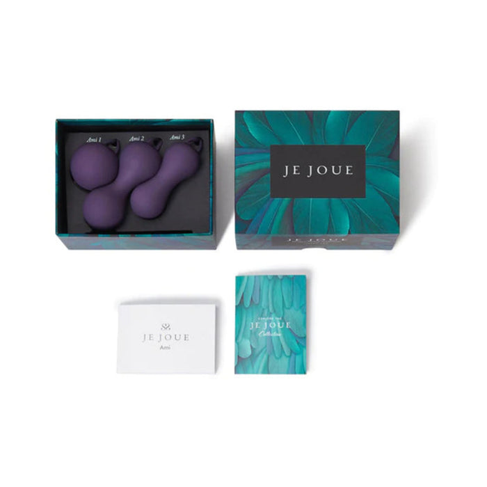 Open the Je Joue Ami Kegel Ball Exerciser Set - Purple, featuring three silicone balls labeled "Level 1," "Level 2," and "Level 3." The box and booklet display a teal feather design with "Je Joue" on the lid, perfect for strengthening pelvic floor muscles.