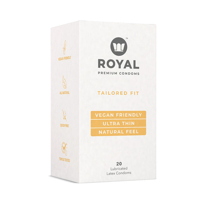 Box of Royal Condom Tailored Fit Vegan Condoms 20-Pack, labeled "Vegan Friendly," "Ultra Thin," and "Natural Feel." Highlights include "Comfort Fit," "All Natural," "Odor Free," and "Triple Tested." Contains 20 lubricated vegan condoms made from natural latex.