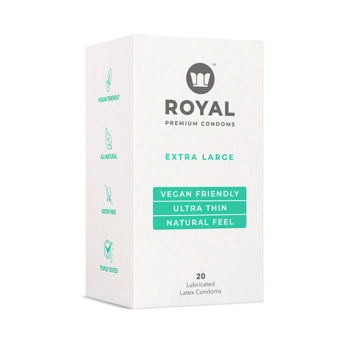 The Royal Condom Extra Large Vegan Condoms 20-Pack offers "Vegan Friendly," "Ultra Thin," and "Natural Feel" features. It contains 20 lubricated, natural latex condoms in a design of white with green and gray text.