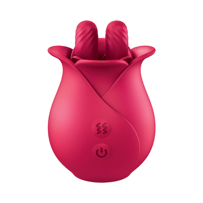 The Clit-Tastic Tulip Teasing Finger Vibrator by Nasstoys is a red, rose-shaped personal massager crafted from body-safe silicone, featuring petal-like details and two front buttons: one with a power symbol and the other with a wave pattern. This elegant and discreet device is also waterproof for versatile use.