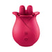 The Clit-Tastic Tulip Teasing Finger Vibrator by Nasstoys is a red, rose-shaped personal massager crafted from body-safe silicone, featuring petal-like details and two front buttons: one with a power symbol and the other with a wave pattern. This elegant and discreet device is also waterproof for versatile use.