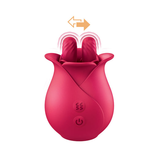 Introducing the Clit-Tastic Tulip Teasing Finger Vibrator by Nasstoys—a red, tulip-shaped device with a soft, petal-like design made from body-safe silicone. The device features power and heating buttons on its body. Two petal-like structures at the top move in a reciprocating motion, indicated by a double-sided arrow.