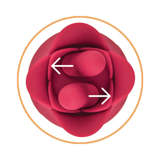 Top view of the Clit-Tastic Tulip Teasing Finger Vibrator by Nasstoys, showcasing its red, flower-shaped silicone design with two cylindrical, vibrating fingers centered, each marked by a white arrow pointing outward. The entire image is framed by an orange ring.