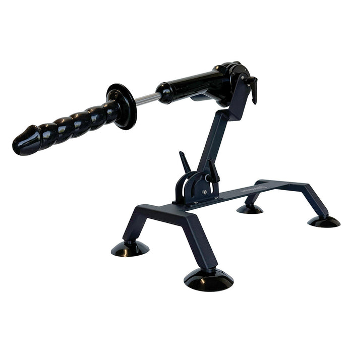 A mechanical device in black with a spiral rod on a sturdy base, equipped with suction cups for enhanced stability. Its industrial and functional design closely resembles that of the Body Dock Thrusting Sex Machine with Remote by Pipedream Products, making it suitable for holding or manipulating items.