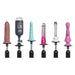 A lineup of six distinctively designed attachments for the Pipedream Products Body Dock Thrusting Sex Machine with Remote is displayed against a white background. Each attachment, whether realistic or abstract, features vibrant colors such as brown, teal, clear, white, and pink, offering an enticing array for anyone interested in exploring thrusting pleasures.