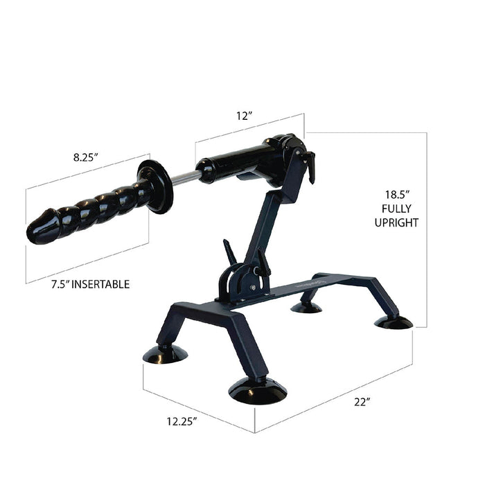 A black adjustable stand similar to a mechanical device with a screw-like component, featuring four suction cup feet for enhanced versatility like the Body Dock Thrusting Sex Machine with Remote by Pipedream Products. The dimensions are specified: 12" width, 22" length, and 18.5" height.