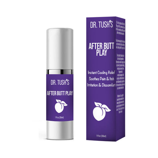 A silver bottle labeled "Dr. Tush's After Butt Play Soothing Lotion" stands against a white background beside a purple box with matching text, promoting features like "Instant Cooling Relief" and ease of pain, itch, irritation, and discomfort after care.