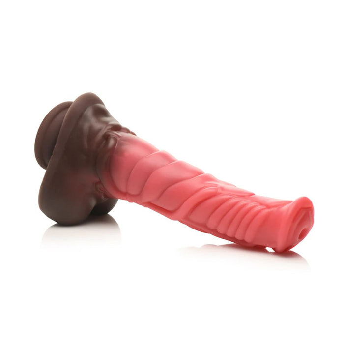 Introducing the Deluxe Centaur 10 inch Vibrating & Thrusting Silicone Fantasy Horse Dildo by XR Brands, a captivating silicone toy designed to enhance your centaur horse cosplay with an exotic touch. Shaped like a stylized tentacle and featuring a secure suction cup base, it transitions from a deeper brown at the base to a pink hue along its length. The ridged texture adds intricate detail for an even more immersive experience.