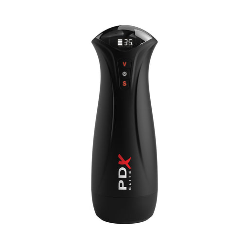 A black, sleek PDX Elite Fap-Gasm Sucking Vibrating Masturbator by Pipedream Products features a digital display showing "3.5" alongside up and down buttons on the front and "PDX Elite" in bold red and white text. Its cylindrical shape with a slightly tapered top offers multiple suction modes for enhanced experiences.