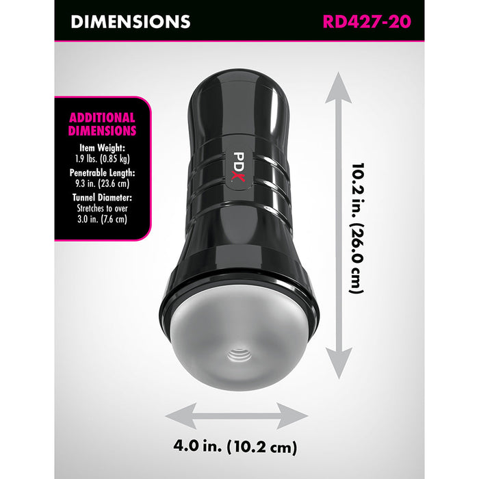 An image of the PDX XXL Self Lubricating Stroker for Large Penises shows a cylindrical black stroker with a silver cap, measuring 10.2 inches in height and 4.0 inches in width, weighing 1.9 lbs, and designed as a textured pleasure tunnel for an enhanced experience.