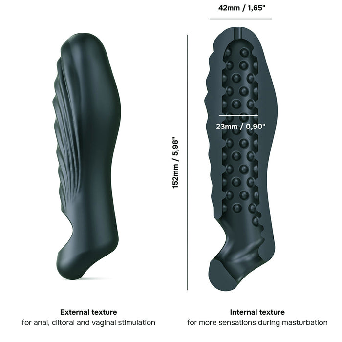 An image of the green Ryzer 2 in 1 Penis Extender and Masturbation Sleeve. Made from liquid silicone with external ridges and internal bumps, it measures 152mm long, 42mm wide outside, and 23mm when in use. Designed for clitoral, vaginal, anal stimulation.