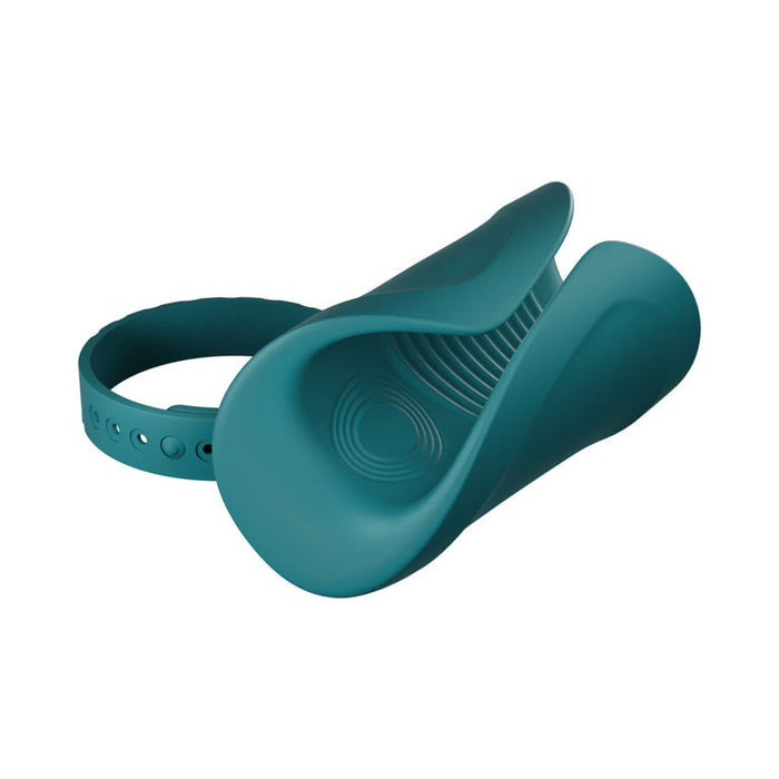 A teal Lovense Gush 2 Hands-Free Oscillating Masturbator with App and a matching textured holder rest on a white background, perfect for hands-free enjoyment.