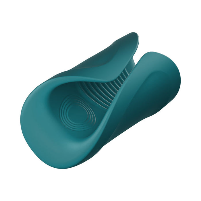 The Lovense Gush 2 Hands-Free Oscillating Masturbator with App features an abstract teal sculpture design, with smooth curves and layered ridges, reminiscent of a twisted ribbon, similar to innovative hands-free devices.