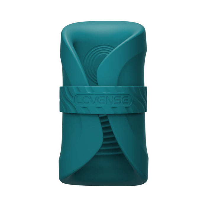 The Lovense Gush 2 is a teal, cylindrical oscillating masturbator with the word "Lovense" on a textured band. It features curved and linear patterns for grip and style, and offers hands-free use that syncs seamlessly with the Lovense app.