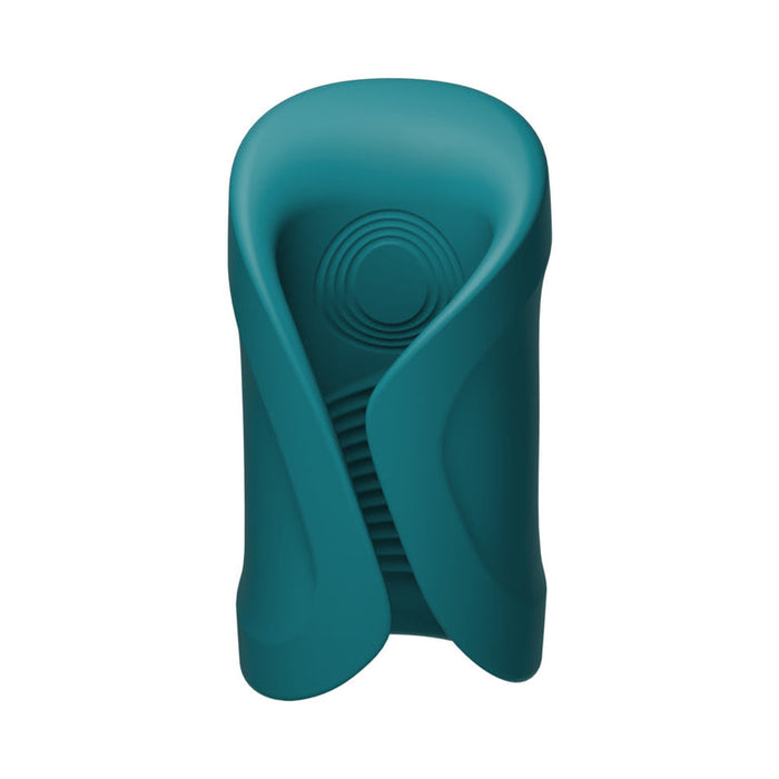 This teal Lovense Gush 2, an abstract oscillating masturbator, features a swirling design with circular patterns. Its modern, sleek symmetry is reminiscent of a hands-free accessory and is compatible with the Lovense app.