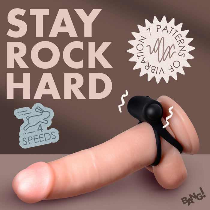 A realistic dildo equipped with a black, stretchy silicone ring at the base is displayed in the image. The text reads "STAY ROCK HARD," highlighting its 7 patterns of vibration and 4 different speed settings. This remote-controlled vibrator from XR Brands offers variability in both vibration patterns and speeds. The corner features the "Bang!" brand logo.