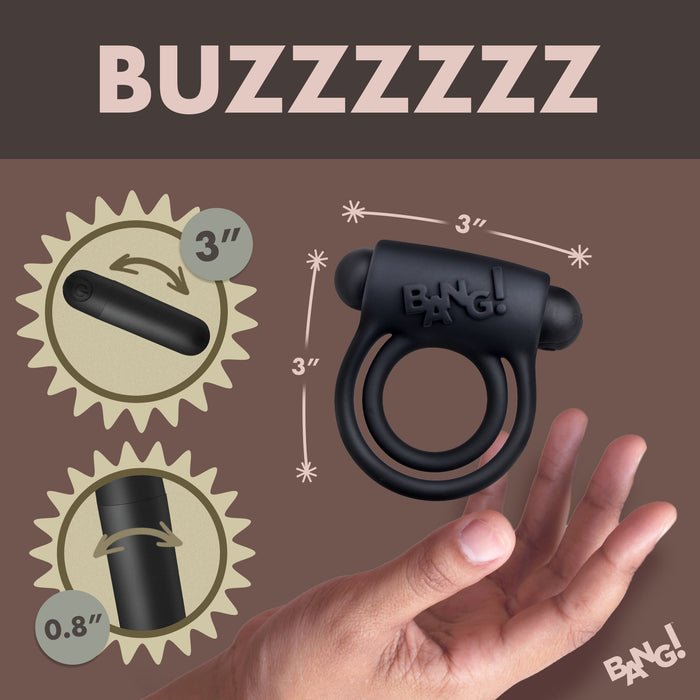 A hand displays the Bang! Cock Ring with Vibrating Bullet and Remote Control, a sleek black device by XR Brands. The image showcases the dimensions of this silicone sex toy: 3 inches in length, 3 inches in circumference, and 0.8 inches in diameter for the insertable part. At the top, the word "BUZZZZZZ" is prominently featured.