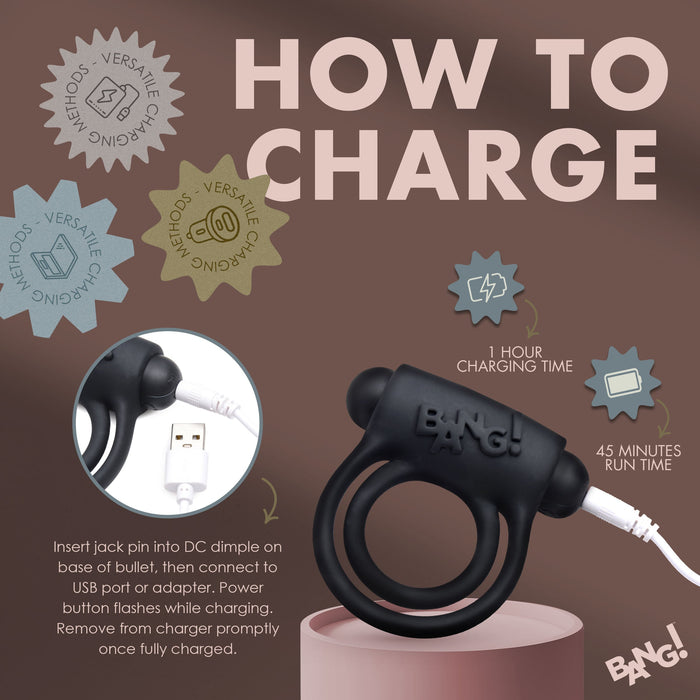 Illustration of a black ring-shaped electronic device with instructions on charging. Text reads: "HOW TO CHARGE." Steps include inserting a jack pin into the charging dimple at the base of the Bang! Cock Ring with Vibrating Bullet and Remote Control by XR Brands, then connecting to a USB port or adapter. Charging time is 1 hour, providing 45 minutes of run time.