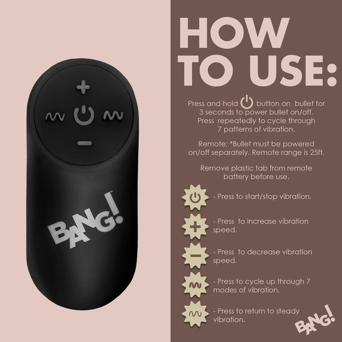 The image displays the Bang! Cock Ring with Vibrating Bullet and Remote Control from XR Brands, along with instructions on how to use it. The remote has several buttons labeled with icons. Instructions include steps to power on, change vibration patterns, and adjust speed, with a focus on vibration control settings for this silicone sex toy.