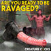 A fantasy-themed image showcases a muscular centaur wielding a spear in a dense forest, with striking text above him that says, "Are you ready to be ravaged?" Below, there's the realistic Centaur Giant 13 Inch Silicone Fantasy Horse Dildo by XR Brands featuring a suction cup base. The text "Creature Cocks" is placed in the bottom right corner.