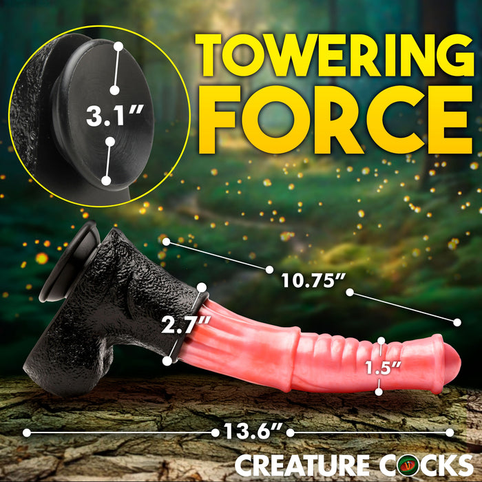 A promotional image of the Centaur Giant 13 Inch Silicone Fantasy Horse Dildo from XR Brands. The text "Towering Force" is written in bold yellow at the top. Made of high-quality silicone, it features dimensions: 3.1" diameter, 2.7" width, 13.6" length, and 10.75" insertable length. Includes a powerful suction cup for hands-free fun.
