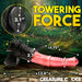 A promotional image of the Centaur Giant 13 Inch Silicone Fantasy Horse Dildo from XR Brands. The text "Towering Force" is written in bold yellow at the top. Made of high-quality silicone, it features dimensions: 3.1" diameter, 2.7" width, 13.6" length, and 10.75" insertable length. Includes a powerful suction cup for hands-free fun.
