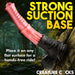 An image featuring a pink, ribbed, silicone sex toy with a black suction cup base attached to a rock. The background shows a lush forest setting with ancient ruins. Bold yellow text reads, "STRONG SUCTION BASE," and smaller white text says, "Place it on any flat surface for a hands-free ride!" The bottom text reads, **"Centaur Giant 13 Inch Silicone Fantasy Horse Dildo by XR Brands."**