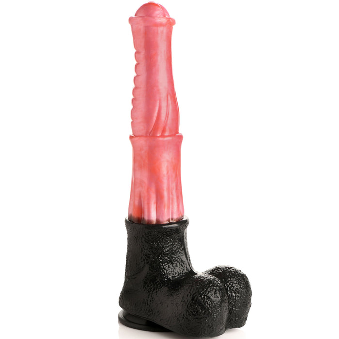 The Centaur Giant 13 Inch Silicone Fantasy Horse Dildo by XR Brands is a novelty item designed to resemble a textured horse penis emerging from a black shoe-shaped base. The section mimicking the penis is made of pink silicone with ridges and details, offering a humorous and exaggerated appearance. It includes a suction cup for easy mounting, making it an entertaining fantasy dildo accessory.