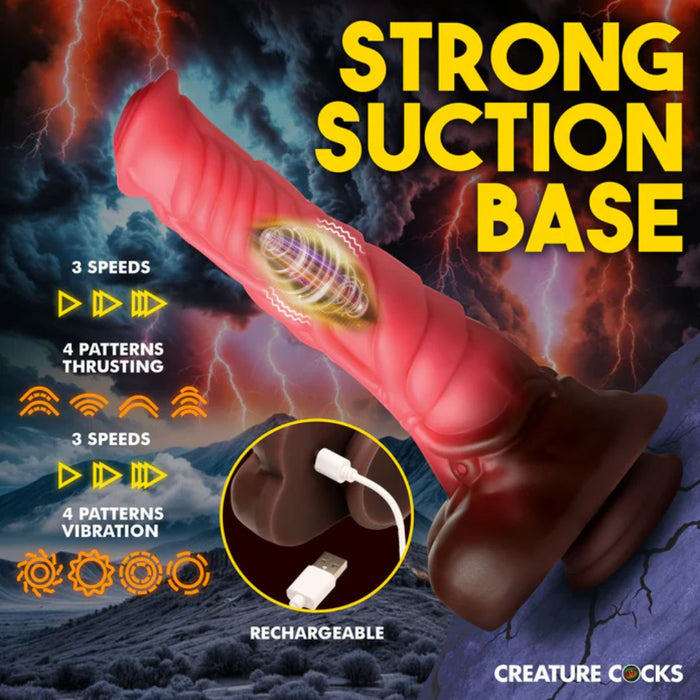 Image of a product advertisement for the Deluxe Centaur 10 inch Vibrating & Thrusting Silicone Fantasy Horse Dildo by XR Brands, featuring a detailed texture and strong suction cup base. Text highlights "3 speeds," "4 patterns thrusting vibration," and "rechargeable." Background shows stormy skies.