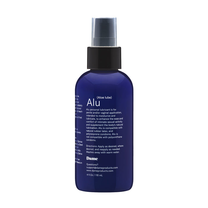 A blue bottle of Alu Aloe Vera Water Based Lubricant and Intimate Moisturizer by Dame Products, featuring a black pump, contains 4 fl oz (119 ml). The label offers usage instructions and compatibility information, ensuring it is safe for condoms and silicone toys. Enriched with aloe and quinoa seed extract for enhanced comfort.