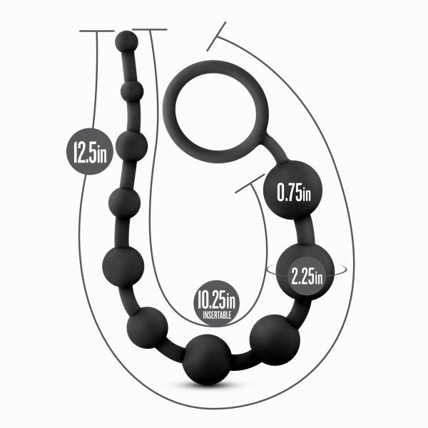 The image shows the Anal Adventures 10 Silicone Anal Beads by Blush, a body-safe black silicone sex toy featuring beaded anal beads with a loop handle. Measurements are labeled: total length 12.5 inches, insertable length 10.25 inches, smallest bead diameter 0.75 inches, and largest bead diameter 2.25 inches.