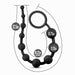 The image shows the Anal Adventures 10 Silicone Anal Beads by Blush, a body-safe black silicone sex toy featuring beaded anal beads with a loop handle. Measurements are labeled: total length 12.5 inches, insertable length 10.25 inches, smallest bead diameter 0.75 inches, and largest bead diameter 2.25 inches.