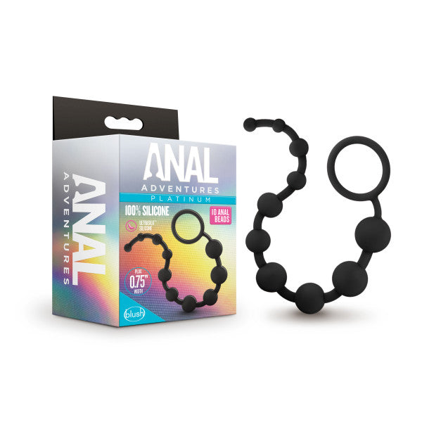 The image depicts a box labeled "Blush Anal Adventures 10 Silicone Anal Beads," featuring 10 body-safe, black silicone anal beads. The product is shown coiled beside the packaging, which emphasizes that the beads are made from 100% silicone material and have a diameter of 0.75 inches.