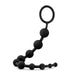 The Anal Adventures 10 Silicone Anal Beads by Blush feature a set of black, body-safe silicone beads, designed with a loop handle at one end for easy retrieval. Each bead increases gradually in size along the length of the toy, arranged in a curving line against a plain white background to ensure both safety and comfort for users.