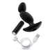 Image of the Anal Adventures Pinpoint Silicone Vibrating Prostate Massager by Blush, crafted from black silicone and ABS plastic, showcasing a curved design with a flared base. The product includes a separate 10-speed vibrating bullet and a USB charging cable with a magnetic connector.