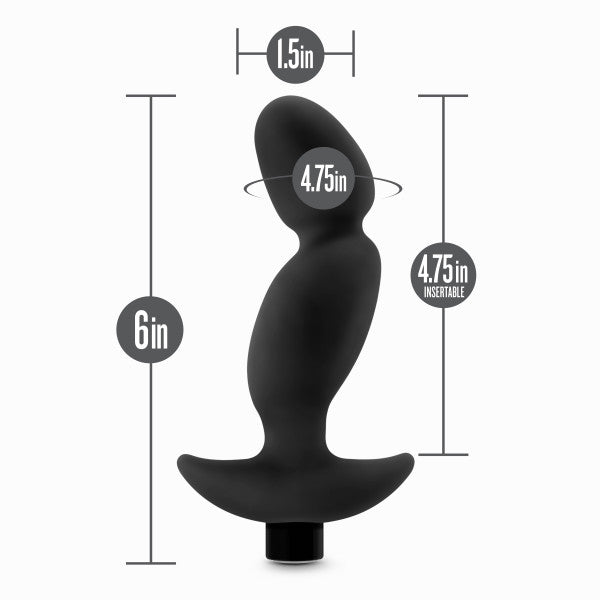 The Anal Adventures Pinpoint Silicone Vibrating Prostate Massager by Blush, made from black silicone and ABS plastic with a curved design, is displayed against a plain background. The dimensions are labeled: 1.5 inches wide at the base, 6 inches in total length, 4.75 inches insertable length, and 4.75 inches circumference at the widest point.