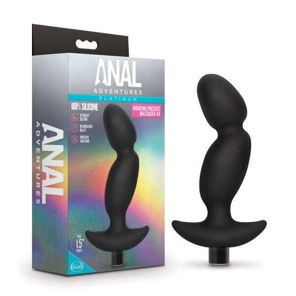 A silicone anal plug with a curved design, identified as the "Anal Adventures Pinpoint Silicone Vibrating Prostate Massager" by Blush, is shown next to its packaging. The packaging, labeled "Anal Adventures Platinum," indicates that the plug features vibrating capabilities powered by a 10-speed vibrating bullet and is made from 100% silicone. The background showcases a rainbow gradient.