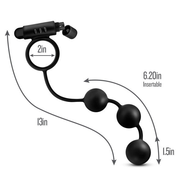 The product image showcases the Anal Adventures Silicone Anal Beads with Vibrating Cock Ring by Blush. This black anal beads toy is crafted from Ultrasilk Silicone and features several round beads connected by a string. The dimensions include a ring diameter of 2 inches, an overall length of 13 inches, and an insertable length of 6.2 inches, with each bead having a diameter of 1.5 inches.