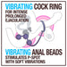 Illustration of a male pelvic area demonstrating the use of Blush's Anal Adventures Silicone Anal Beads with Vibrating Cock Ring. Text reads: "Vibrating Cock Ring for intense prolonged ejaculation" and "Ultrasilk Silicone Vibrating Anal Beads stimulate P-spot with gentle vibrations.